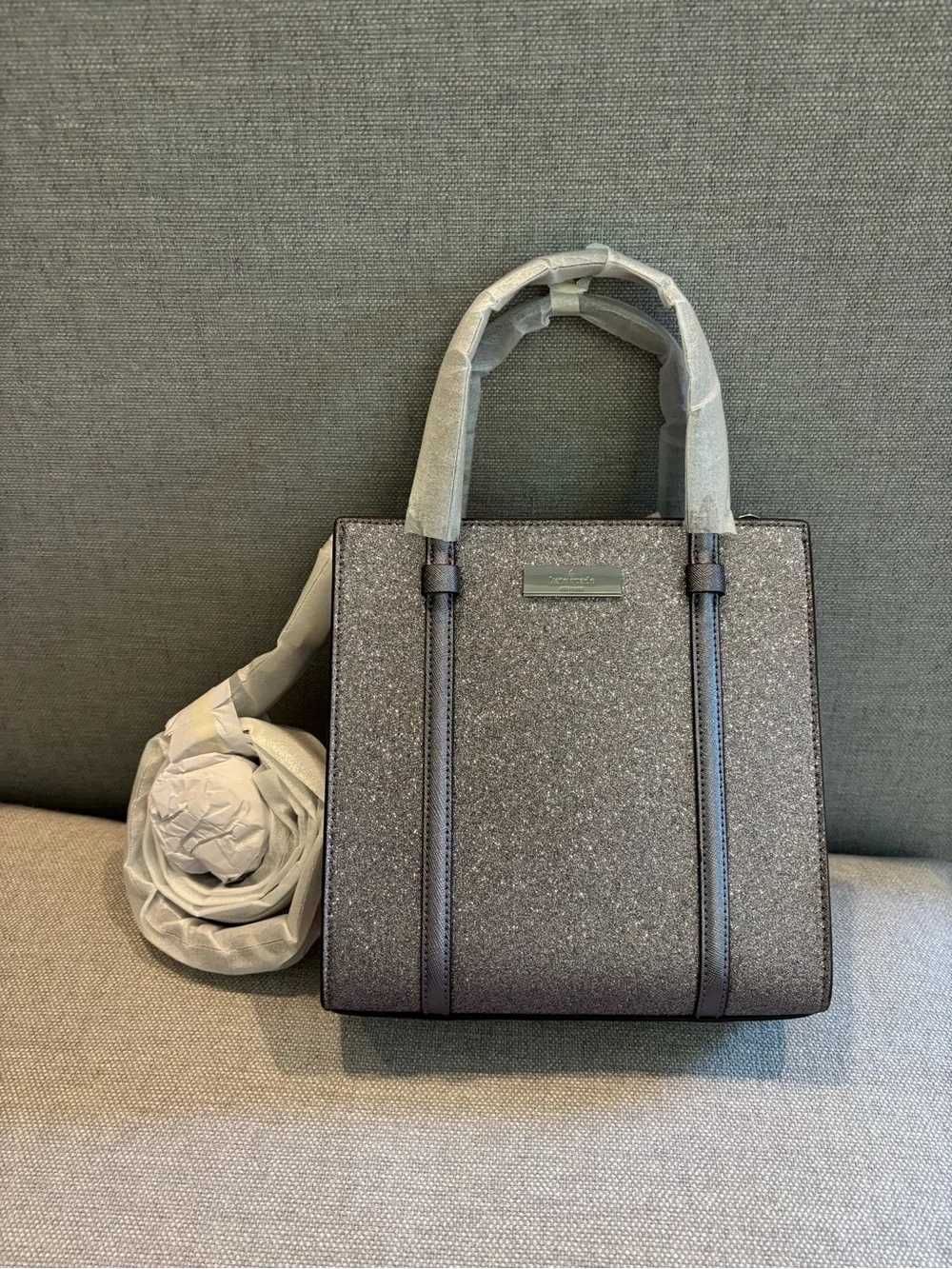 Kate Spade Kenzie Gray Glitter Tote Bag with Tassel